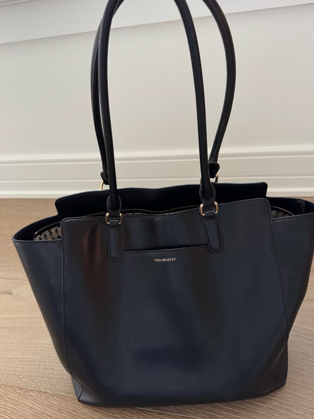 Vera Bradley Black Faux Leather Tote with Top Handles pics show condition